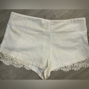 women's White Cotton Mini Shorts with Lace Trim